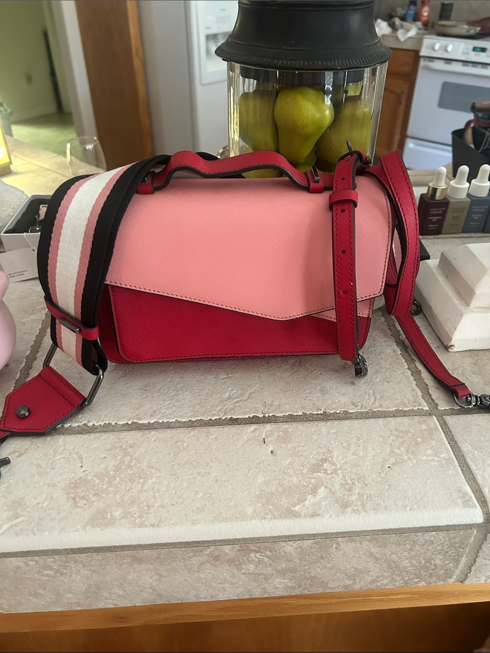 Botkier Pink and Red Colorblock Leather Crossbody with Striped Wide Strap VGUC